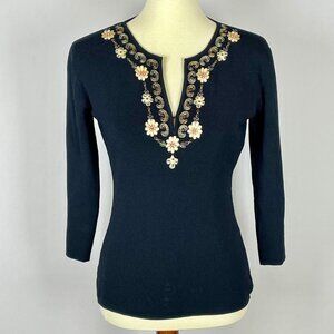 Joseph A. Qu'est-Ce Que C'est Silk Plunge Sweater Sz M Black Floral Dark Fairy